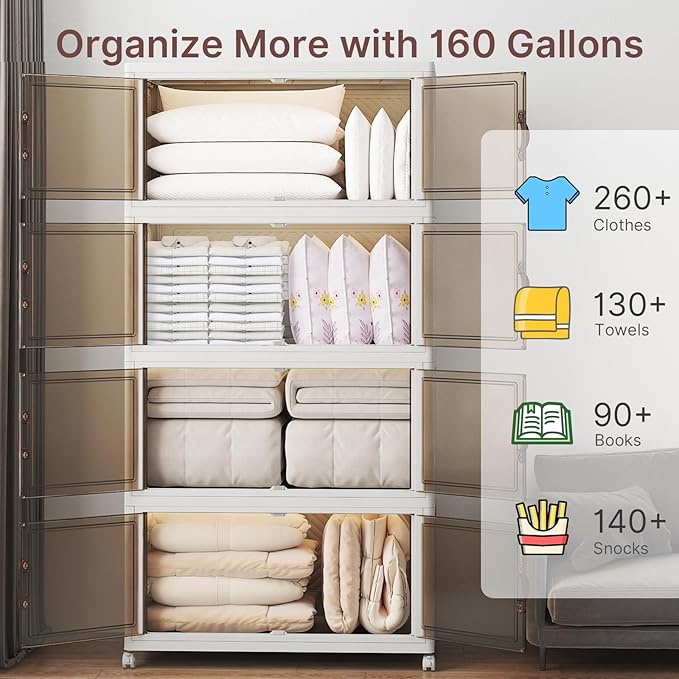 VNVTO 640Qt Stackable Storage Bins with Lids, 4 Pack Large Collapsible Bins with Wheels, Plastic Cabinet with Doors, Foldable Closet Organizers and Storage for Home, Dorm, Office, White