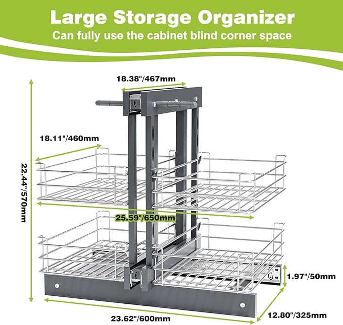 Blind Corner Pull Out Organizer for 32" Cabinet Left Open & Right Open Compatible 2 Tier 4 Shelves Adjustable Height