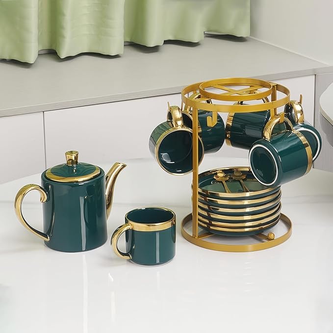 Coffee Mug Holder Countertop,Muted Golden Yellow Metal Coffee Cup Holders for Counter,Warm Dark Gold Mug Stand Rack for Counter Top 6 Hooks(Round,Muted Gold)