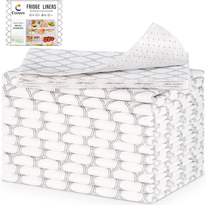 Cooyes Felt Shelf Liners for Drawer & Kitchen Cabinet, 12 Pack, 12" × 24 ", Non Slip Fridge Liners Machine Washable, Breathable Refrigerator Mats for Glass Shelves, Keep Produce Fresh Longer