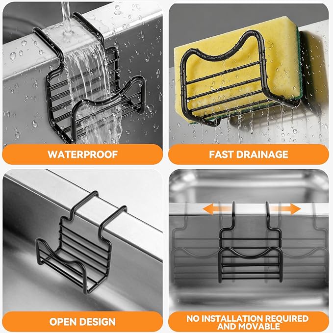 2 Pack Sponge Holder for Kitchen Sink - Movable Hanging Sponge Caddy Organizer, Stainless Steel Caddy in Over Double Bowl Sink for Stopper, Brush