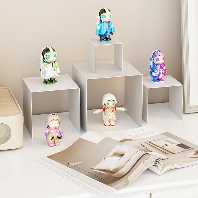 Matte Metal Display Stand,6 Pcs 2 Set Display Risers for Display, Metal Rectangular Display Shelf for Showcase, Dessert, Toys, Perfume (White, 3''x4''x5 x6)