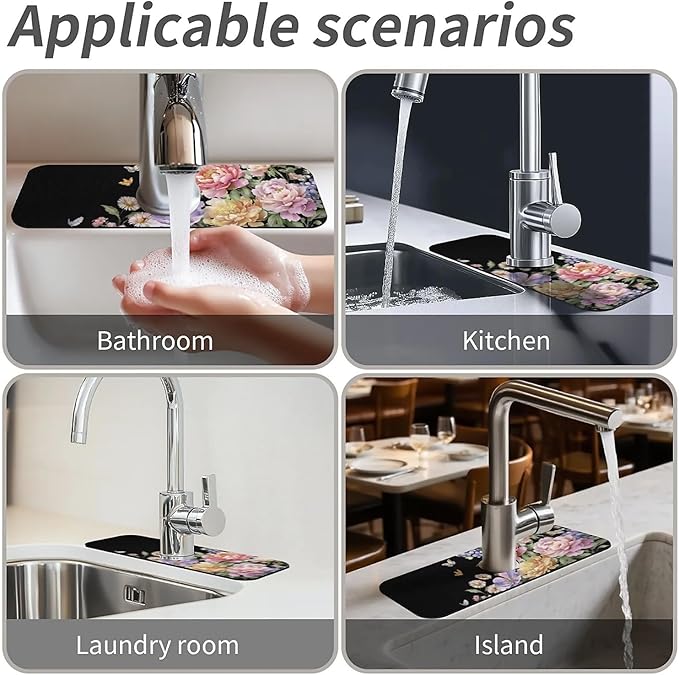 Kitchen Sink Splash Guard，Beautiful watercolor flowers Faucet Mat Sink Gadgets-Super Absorbent Fast Drying Mat Drip Catcher for Kitchen, Bathroom,Sink Mat, Dish Drying Mat, Bathroom(15" X 5.5" )