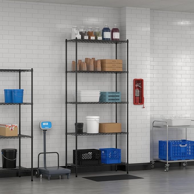 Commercial NSF Listed Black Epoxy Stationary Wire Shelving Kit 18" x 42" x 96", with 5 Shelves Perfect for Warehouse, Walk-in Refrigerator, Freezer, Grocery Store, Restaurant, Dishroom
