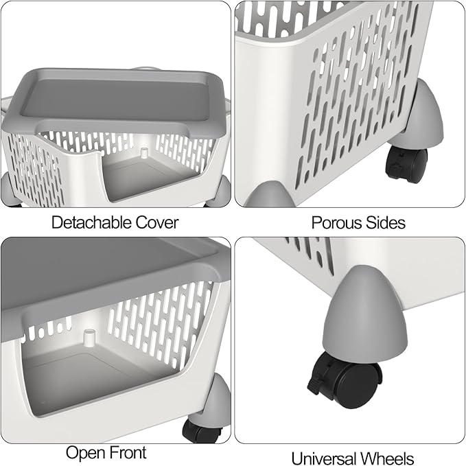 5 Pack Plastic Stacking Baskets with Wheels, Large Open Front Storage Basket, Grey