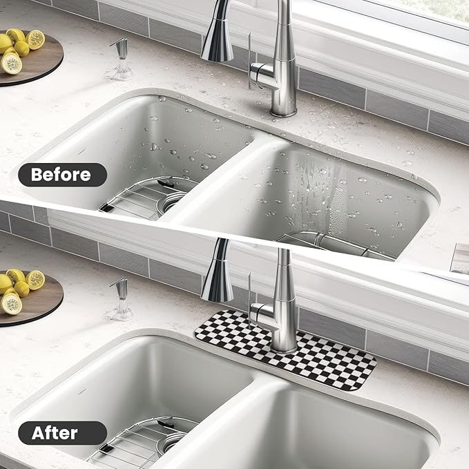 Black And White Checkered Racing Flag Checkerboard Square Grid Kitchen Sink Splash Guard Faucet Mat Super Absorbent Fast Drying Mat Sink Gadgets-Fast Sink Mat For Kitchen Bathroom (15" X 5.5" )