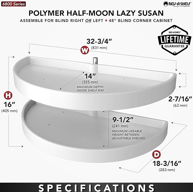 Rev-A-Shelf 33" Pull Out Half Moon Shelves for Blind Corner Kitchen/Bathroom Cabinets, 2 Shelf Sliding Organizer with Hardware, White, 6882-33-11-570