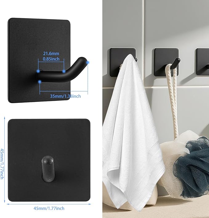 30 Pack Adhesive Towel Hooks – Heavy Duty Stainless Steel Stick-On Wall Hooks for Bathroom, Kitchen, Shower – No Drill, Rustproof, Matte Black (1.77” x 1.77” x 1.46”)