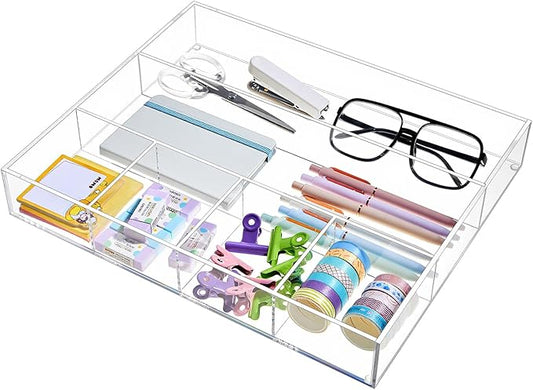 Acrylic Desk Drawer Organizer 14.37 x 11.81 x 2.17 Inch Storage Tray Organizer for Pens, Stationery, Desktop, Office, Bathroom, Kitchen, Makeup Supplies(6 Compartments, Clear)