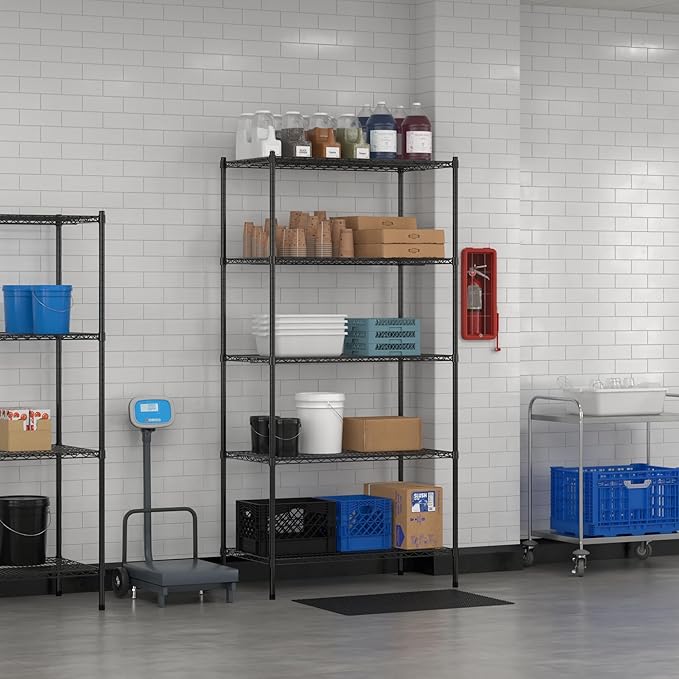 Commercial NSF Listed Black Epoxy Stationary Wire Shelving Kit 24" x 42" x 86", with 5 Shelves Perfect for Warehouse, Walk-in Refrigerator, Freezer, Grocery Store, Restaurant, Dishroom