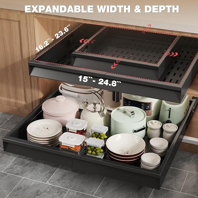 4 Pack Pull Out Cabinet Organizer Expandable Width (15"-24.8") & Depth (16.2"-23.6"), 3 Slide Rails Slide Out Drawers with Handle, Includes Raising Pad for Framed Cabinets, Black