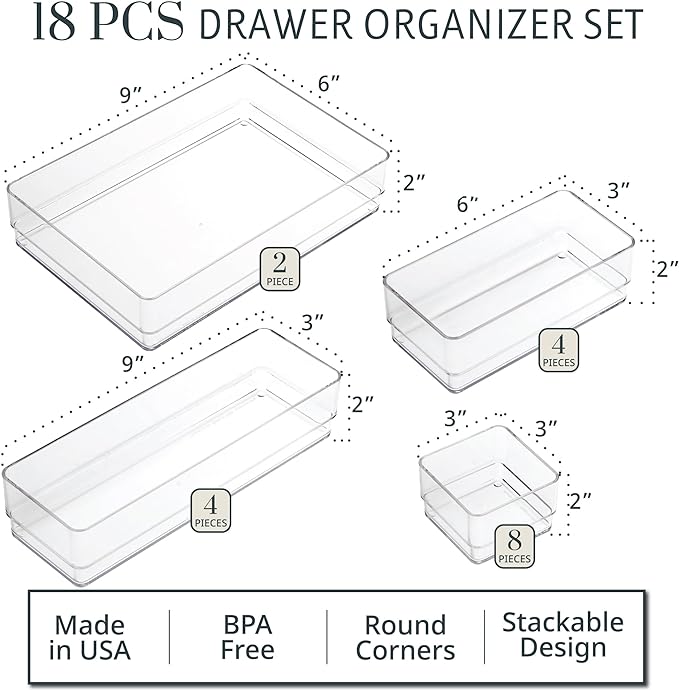STORi SimpleSort 18-Piece Stackable Clear Drawer Organizer Set | Multi-size Trays | Makeup Vanity Storage Bins and Office Desk Drawer Dividers | Made in USA