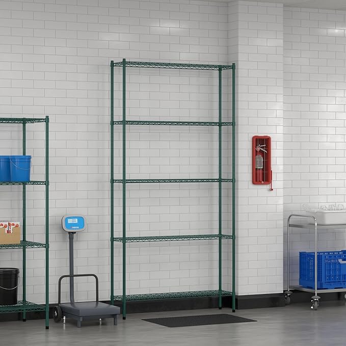 Commercial NSF Listed Green Epoxy Stationary Wire Shelving Kit 12" x 48" x 96", with 5 Shelves Perfect for Warehouse, Walk-in Refrigerator, Freezer, Grocery Store, Restaurant, Dishroom