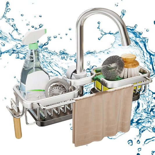 Eadwe Sink Organizer Rack for Kitchen and Bathroom, 2024 New Kitchen Sink Faucet Organizer with Drip Tray Faucet Sponge Holder (Silver, Left+Right)