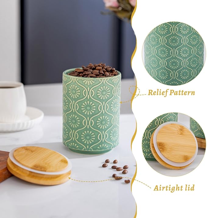 TEATALK Utensil Holder Set of 2, 7.7"+5.7" Ceramic Kitchen Utensil Holder for Countertop, Farmhouse Vintage Utensil Crock for Cooking Utensils, Large Utensil Organizer (Green)