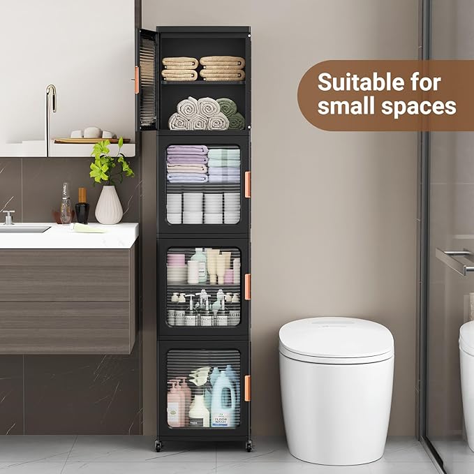 BROVIEW 3-Tier Tall Narrow Storage Cabinet 14.6” Wide, Slim Bathroom Cabinets with Adjustable Shelves and Doors, Plastic Kitchen Pantry Organizers and Storages for Small Space, Laundry, Black