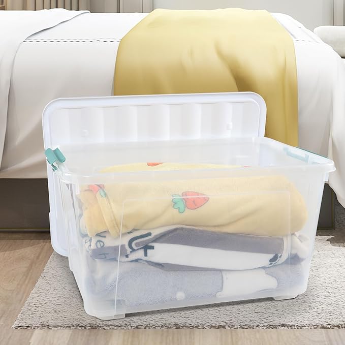 Cinkyou 85 L Clear Latch Storage Bin with Lid and Wheels, Stackable Plastic Storage Boxs, 4 Packs