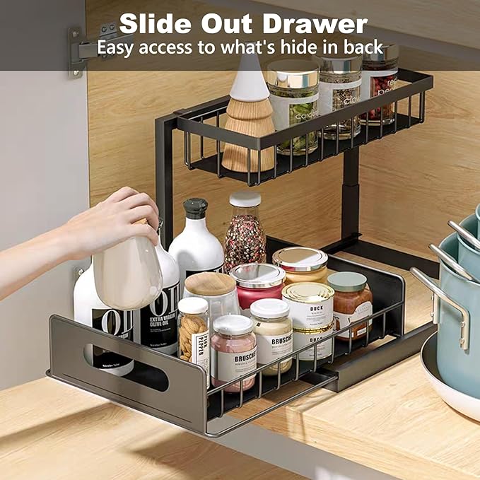 Geanbioso 2 Tier Under Sink Organizer, Storage for Kitchen Bathroom,Pull Out Cabinet Organizer Slide Out Sink Shelf Cabinet Storage Shelves (Black, 1 Pack)