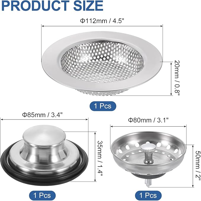uxcell 3 Pcs Kitchen Sink Drain Strainer Matte Silver, Stainless Steel Kitchen Sink Strainer and Stopper, Anti-Clogging Basket with Handle, for Most Kitchen Sink Strainer Replacement