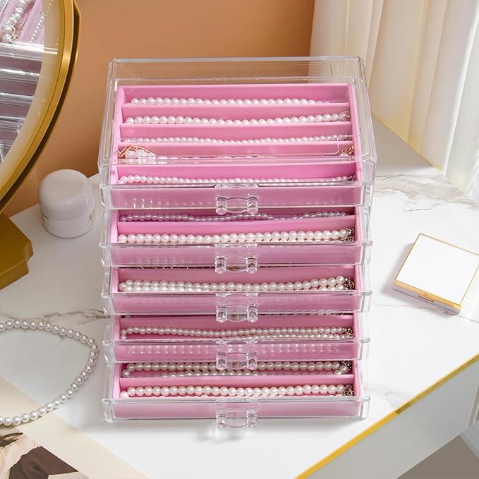 Necklace Holder Organizer, Dustproof Necklace Box Velvet Necklace Organizer Box with Lid Clear Acrylic Dustproof Stackable Jewelry Displays for Necklaces Chain Display (Pink, 5 Drawer)