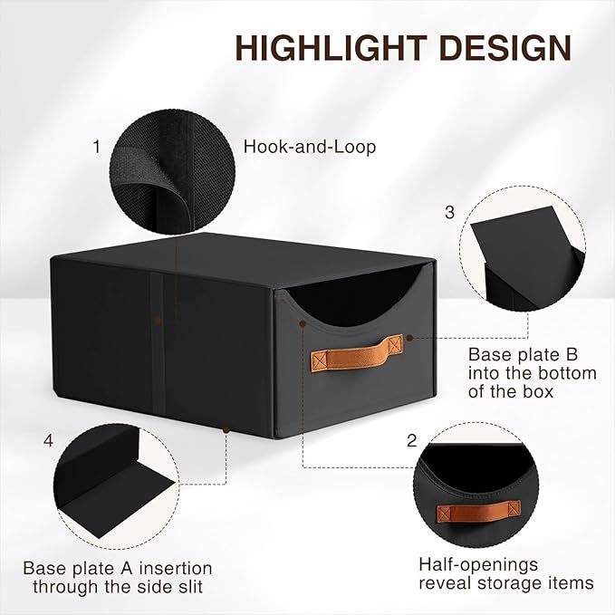 Stackable Storage Drawers - Collapsible Storage Bins with Drawers, 4 Pack Closet Shelf Organizer Basket, Fabric Pull Out Organizer for Bedroom, Living Room, Dorm, Black