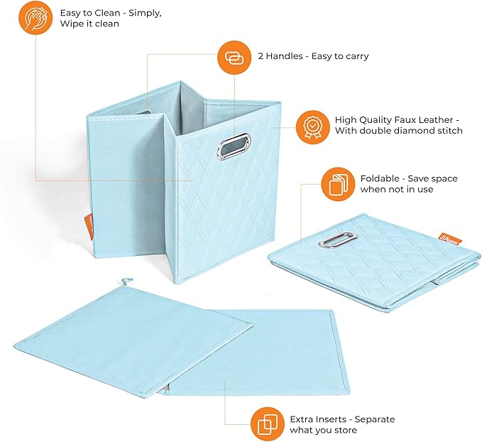 FH Group JIAessentials 11" Faux Leather Foldable Storage Cube Bins Set of 2 – Blue Diamond Patterned Organizers with Handles for Closet & Shelves