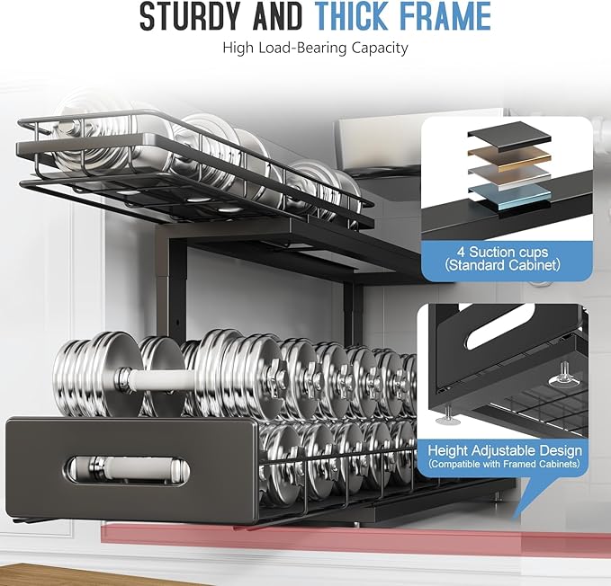2 Pack 21 IN Depth Pull Out Cabinet Storage With Smooth Rails,2-Tier Dual Pull Out Cabinet Storage For Bathroom Kitchen,Under Sink Shelf-Black