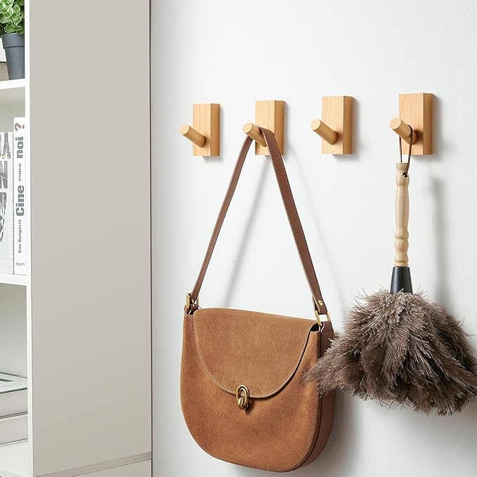 Felidio Natural Wooden Wall Hooks, Adhesive & Screw Mount Coat and Towel Hooks - Decorative Key Holder, Hat Rack, Stocking Wall Hangers for Bathroom Entryway Closet - 6 Pack, Beech Wood
