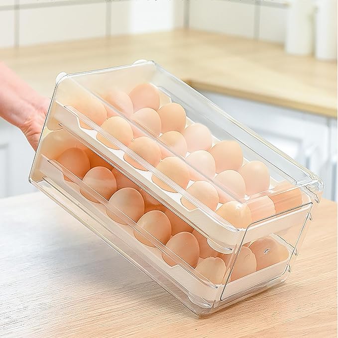 Egg Container Storage Box Double Layer Stackable Clear Plastic Drawer Design Egg Holder Organizer For Refrigerator Fridge 30.5x17x15cm