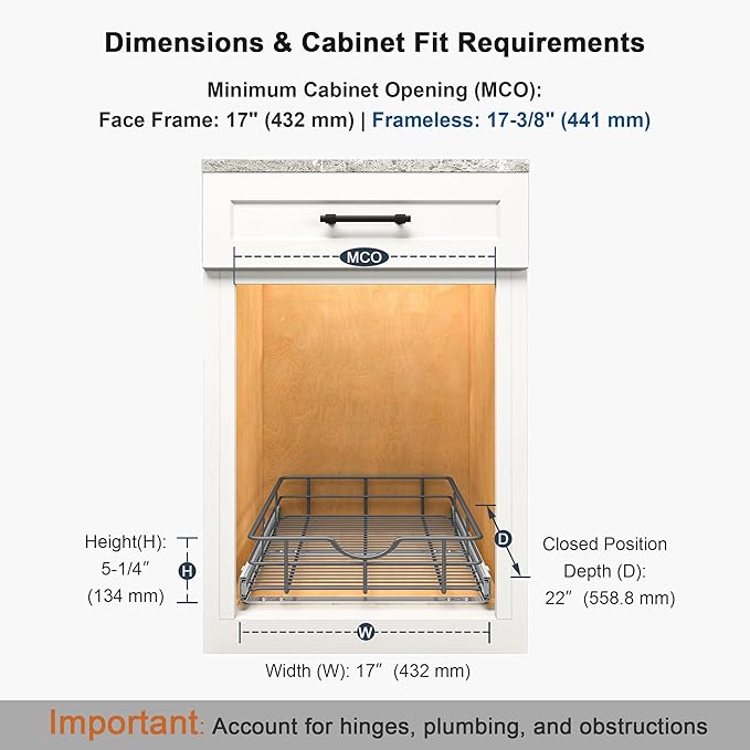 Pull Out Shelves - 17" W x 22" D Soft Close Pull Out Cabinet Organizer 1 Tier - Sliding Shelves with Shelf Liner - Heavy Duty Steel Wire Drawers for Kitchen Cabinets, Pantry, Bathroom