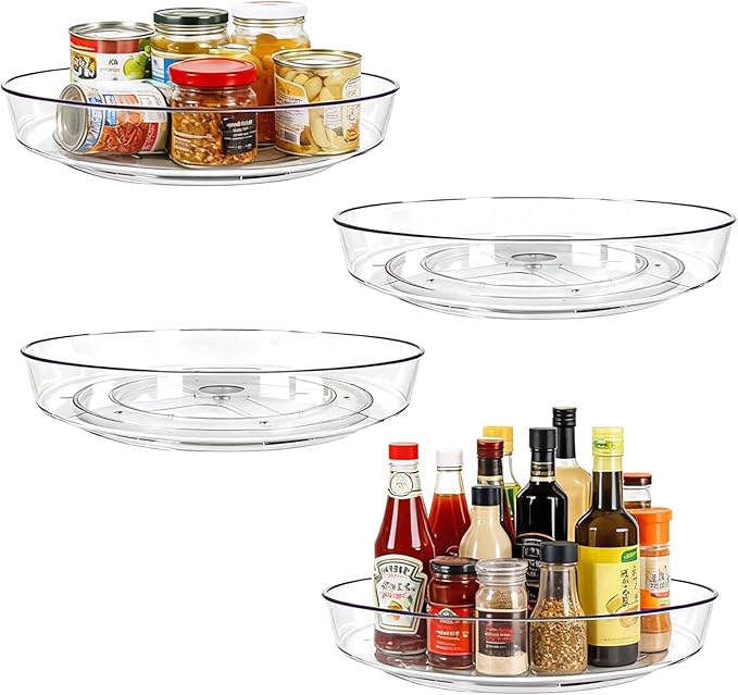 MiraFure Lazy Susan Turntable for Spice Organization | Clear BPA-Free Plastic Rotating Organizer for Kitchen Cabinet, Pantry, Countertop, Fridge | 360-Degree Rotating Base (10 inch - 4 Pack)