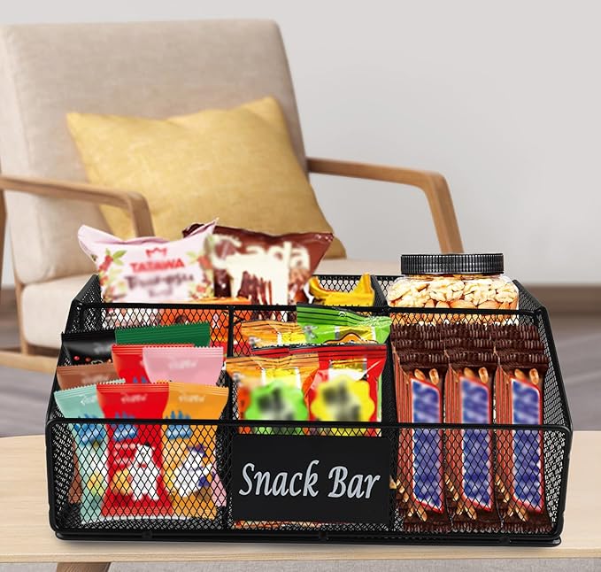 Metal Wire Snack Display Baskets,5-Compartment Snacks Storage Bin for Countertop,Office,Party,Bedroom,Kitchen,Pantry Shelf,Snacks Cabinet Dispenser Caddy for Chips,Packets