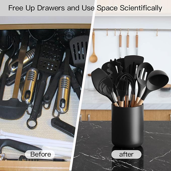 demany Black Utensil Holder for Kitchen Countertop Easy to Clean, Matte Ceramic Cooking Utensil Crock for Counter, Spatula Holder for Farmhouse Décor 4.6×6.5 INCH
