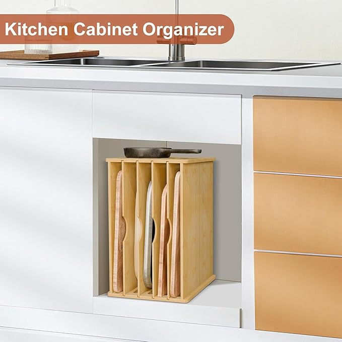 6 Tier Wooden Tray Dividers for Cabinets, Kitchen Vertical Tray Divider Organizer for Storing Baking Sheets Pans Lids Cutting Boards