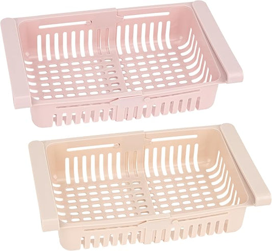Refrigerator Drawer Organizer 2 Packs Retractable Drawer Storage Box, Unique Design Pull out Sliding Shelves Hanging Organizer (Pink Khaki)