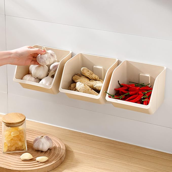 3-Pack Small Beige Storage Baskets, Plastic Storage Bins Kitchen Wall Organizer and Acrylic Shelves, Spice Organizer, Adhesive Spice Rack Wall Mount for Countertop/Cabinet/Bathroom