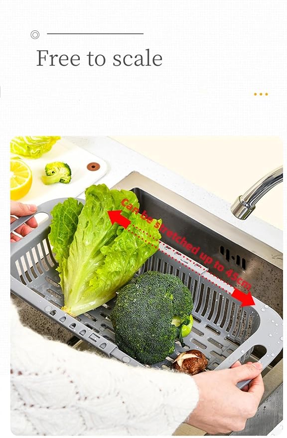 Adjustable Dish Drainer Dish Rack Over The Sink,Drying Rack, Extendable Vegetable Fruit Washing Basket, Collapsible Strainer Basket,Plastics(Grey+White)