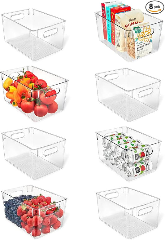 Lifemaster Multi-purpose Refrigerator Bins - 8 pieces Large Capacity Stackable Fridge Bin Organizer with Easy Grip Handles - Clear