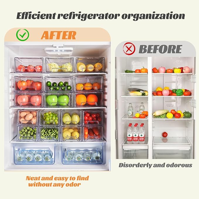 PiJeyiee Clear Stackable Refrigerator Organizers and Storage Drawers - Pull-Out Fridge Bins with Anti-Slip Base & Easy Clean, Plastic Organizers for Kitchen Pantry Cabinet Closet ﻿ (2XL)