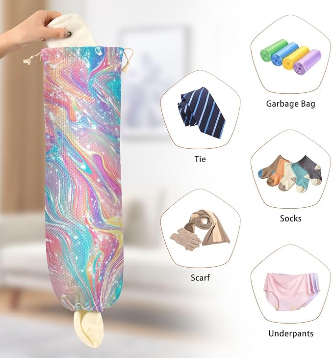Plastic Bag Holder Wall Mount Grocery Bag Shopping Bag Storage Holder Organizer Dispenser with Adhesive Hook,for Kitchen Bathroom Home Decor 9x22 Inches Pink Liquid Gradient33
