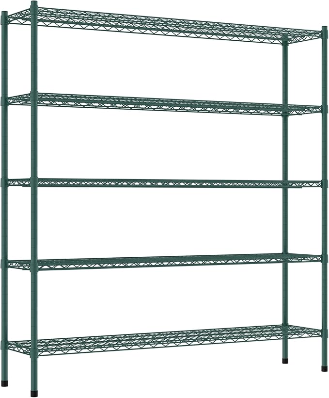 Commercial NSF Listed Green Epoxy Stationary Wire Shelving Kit 14" x 60" x 64", with 5 Shelves Perfect for Warehouse, Walk-in Refrigerator, Freezer, Grocery Store, Restaurant, Dishroom