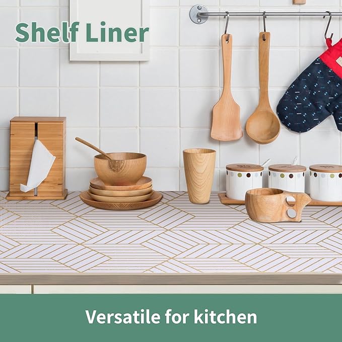 Shelf Liners for Kitchen Cabinets 23.6 in x 20 FT, Non Adhesive Cabinet Liner Strong Non-Slip Thickened Gold Geometric Drawer Liner, Easy to Clean for Shelf …