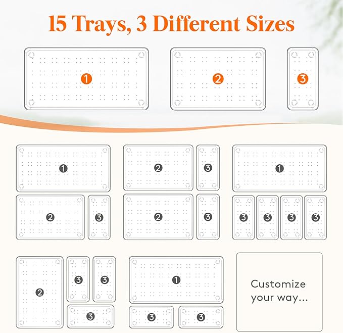 Lifewit 15 Pcs Large Bathroom Drawer Organizers, 3 Sizes Clear Plastic Storage Organizer Trays for Make Up, Kitchen Utensils, Vanity Accessories in Bathroom/Office/Dresser Organization