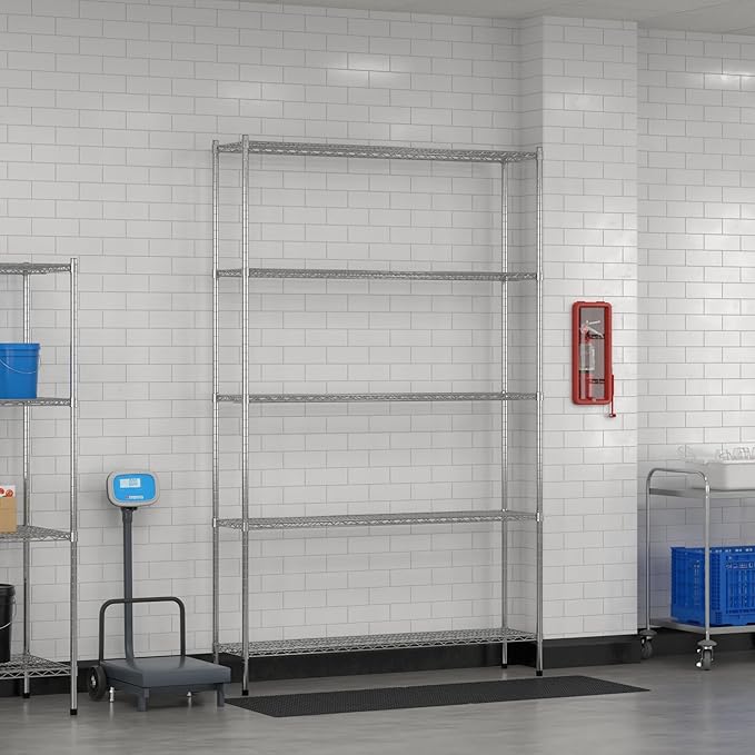 Commercial NSF Listed Chrome Stationary Wire Shelving Kit 14" x 60" x 96", with 5 Shelves Perfect for Warehouse, Walk-in Refrigerator, Freezer, Grocery Store, Restaurant, Dishroom