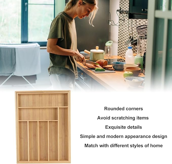 Kitchen Silverware Organizer Expandable for Cutlery and Utensils, Adjustable Wood Utensil Storage Cutlery Tray for Drawers, Kitchen Drawer Organizer Utensil Holder Makeup Organizer with(9 Slots)