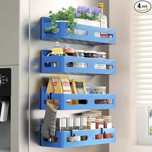 4 Pack Strong Magnetic Spice Rack for Refrigerator, Multipurpose Magnetic Shelf for Fridge with 4 Hooks for kitchen and Bathroom Organization, Blue
