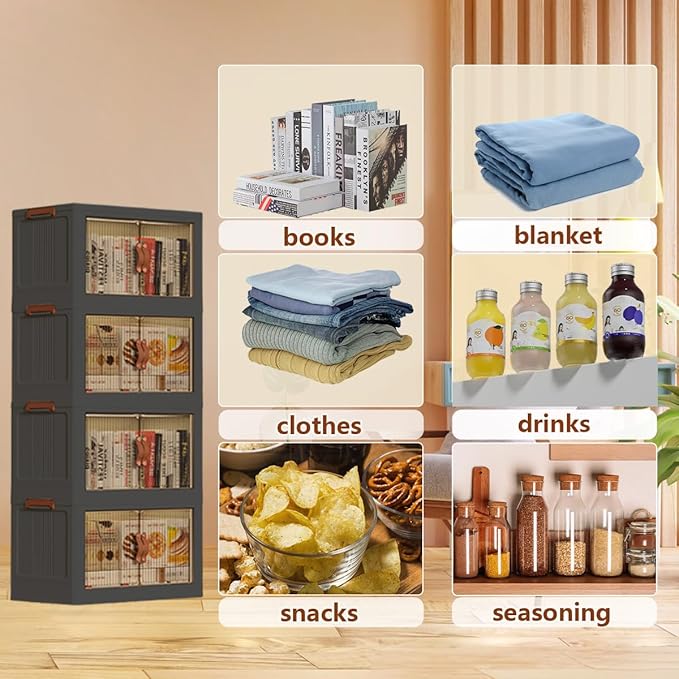 ONAIL Stackable Storage Bins with Lids and Wheels - Plastic Collapsible Closet Organizer and Storage Box with Drawers & Clear Door Foldable Cabinet Storage for Clothes, Dorm, Bedroom
