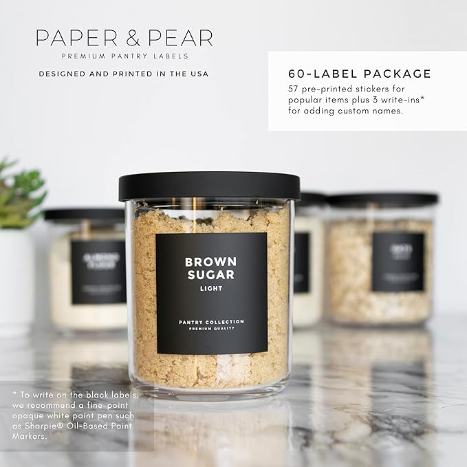 Modern Block-Black Pantry Labels for Containers Preprinted Waterproof by Paper & Pear - Oil & Tear Resistant Square Kitchen Pantry Labels for Home Improvement - Set of 60, 2.6 Inches (No Jars)