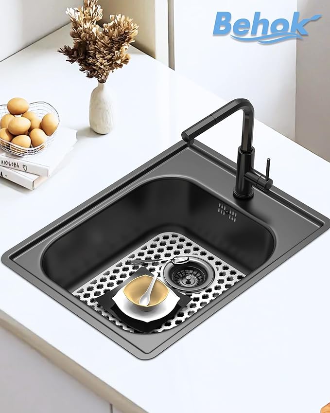BEHOK 2 Pack Silicone Sink Protector for Kitchen Sink Bathroom, 13.58" x 11.6" Heat-resistant Sink Mat Non-Slip and Durable Silicone Protectors, Rear Drain, White