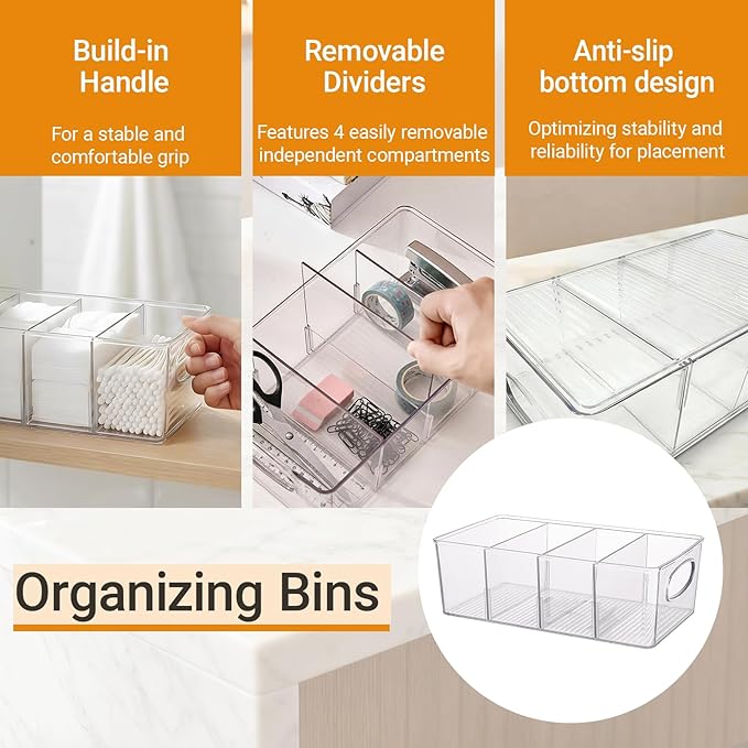 Clear Plastic Storage Bins, 2 Pack Pantry Organizers and Storage Bins with Handle and Removable Dividers for Kitchen, Office, Closet, Cabinet, Laundry Room, Freezer, Bathroom & Home organization